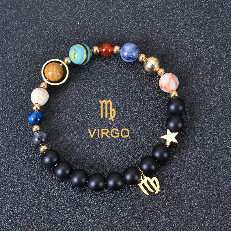 Carry the energy of the cosmos wherever you go. This Eight Planets Twelve Constellations Frosted Stone Beaded Bracelet blends.