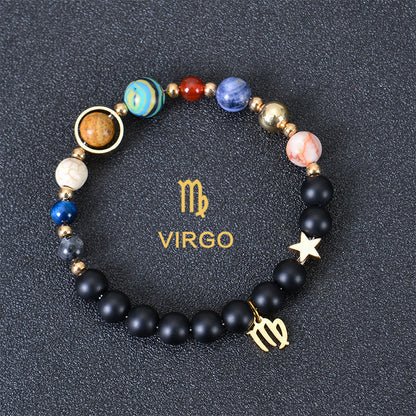 Carry the energy of the cosmos wherever you go. This Eight Planets Twelve Constellations Frosted Stone Beaded Bracelet blends.