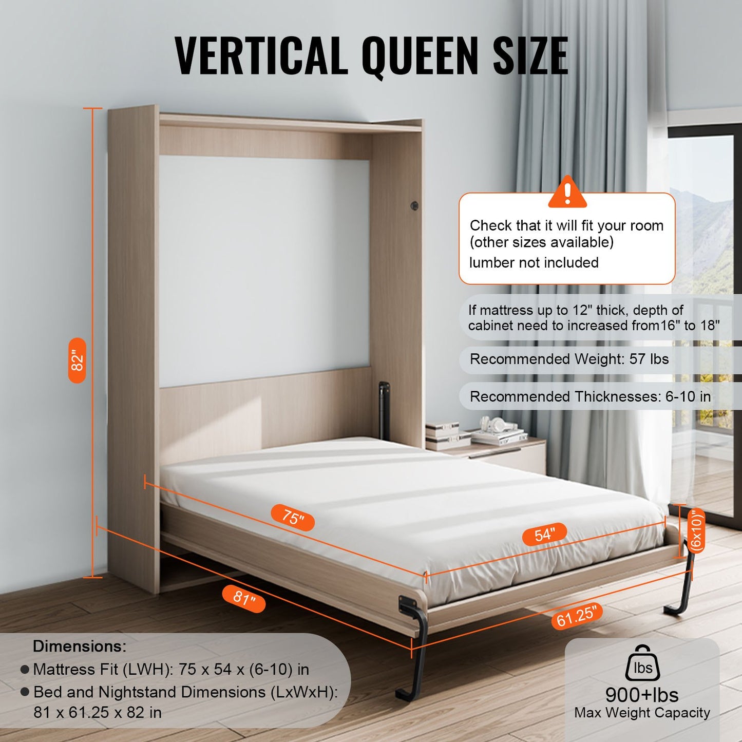 Full size vertical Murphy bed kit with deluxe DIY hardware for space-saving wall beds.