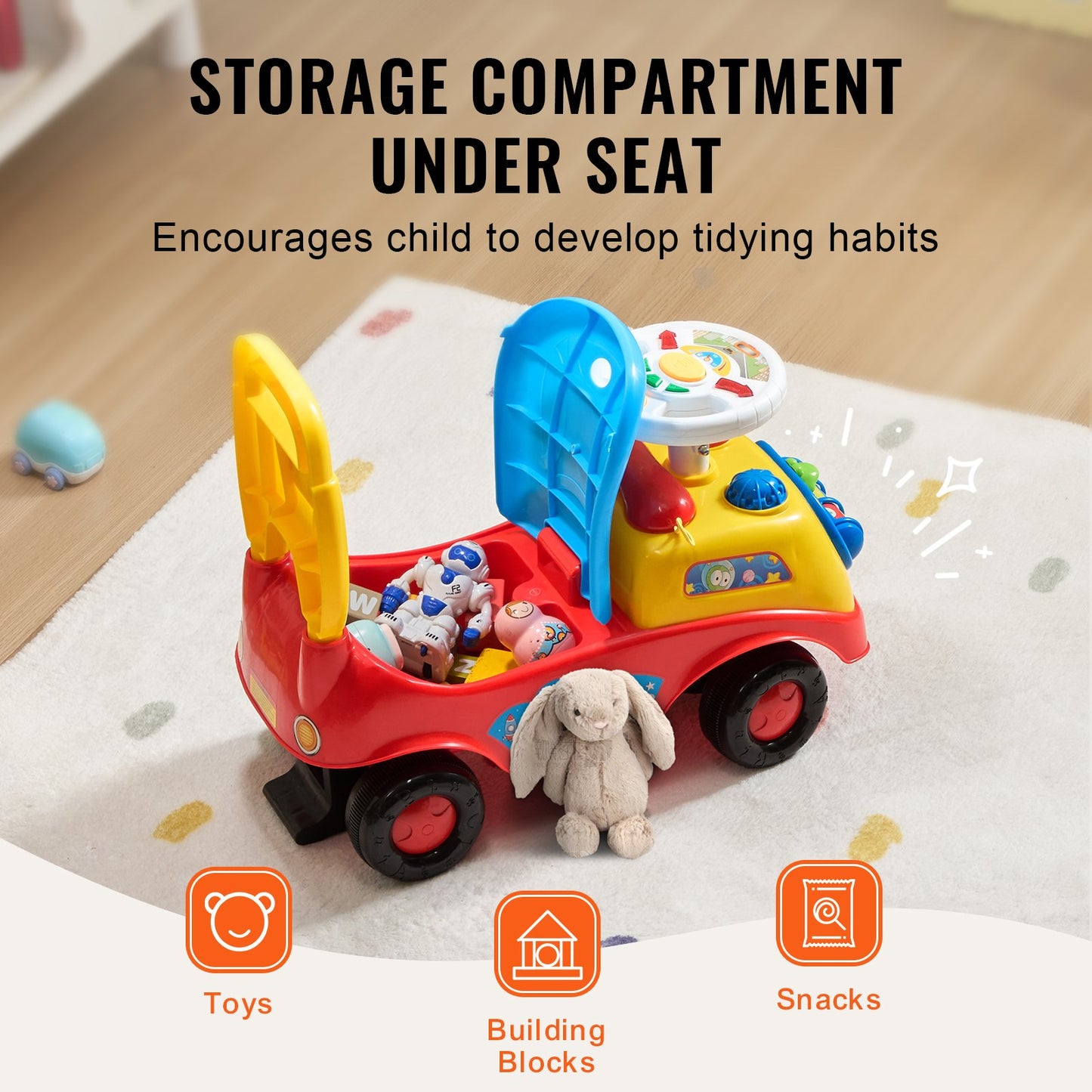 Push Car For Toddlers, Ages 1-4, Ride Racer, Sit To Stand Toddler Ride On Toy, Classic Kids Ride On Car With Music Steering Wheel, Horn & Seat Storage