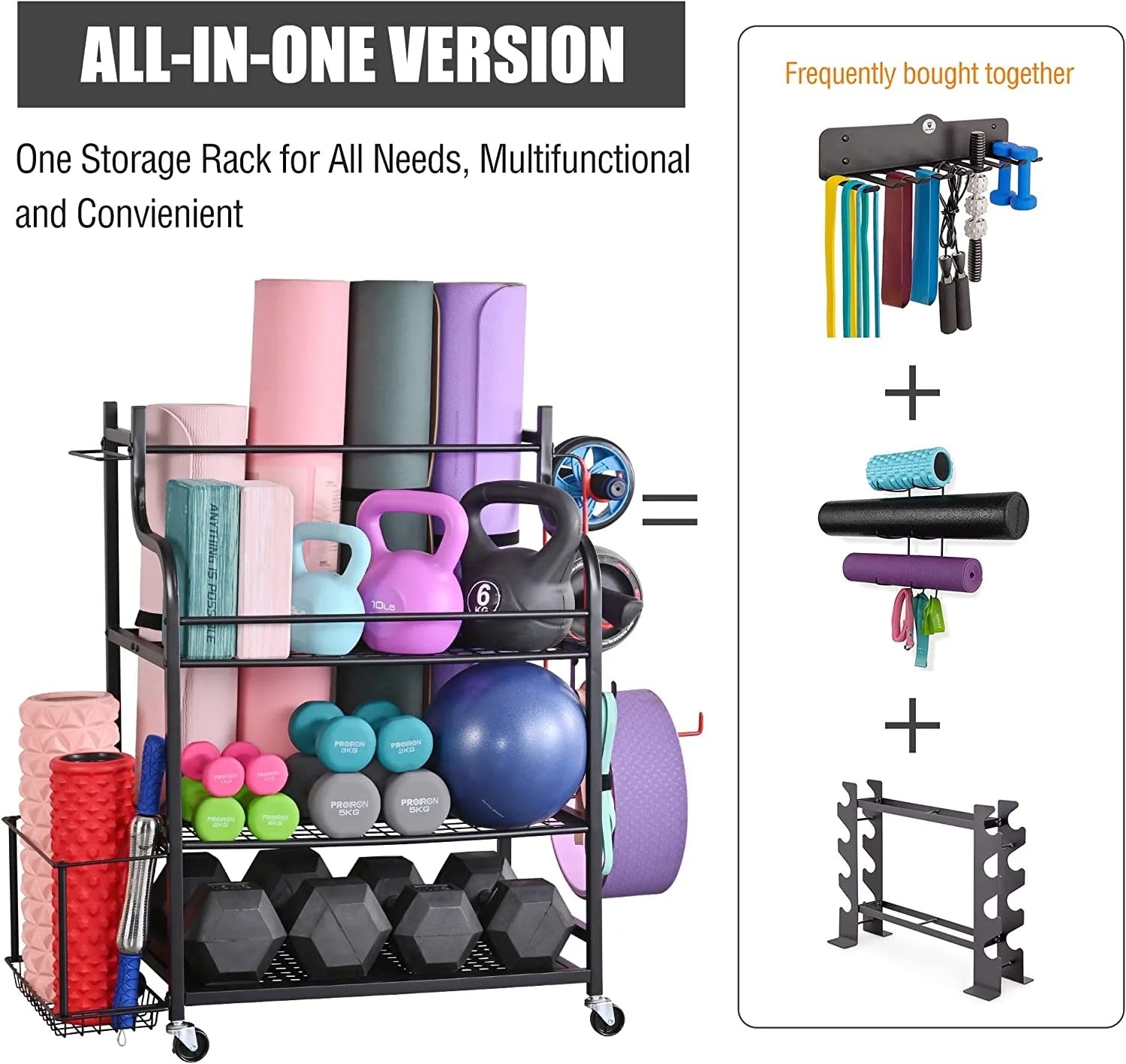 Yoga Mat and Workout Equipment Storage Rack with Hooks and Wheels for Home Gym Organization