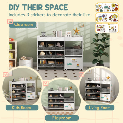 Kids Toy Storage Organizer with 11 Bins, Moveable Cabinet, Top Shelves, 3 Stickers, for Nursery, Playroom, White