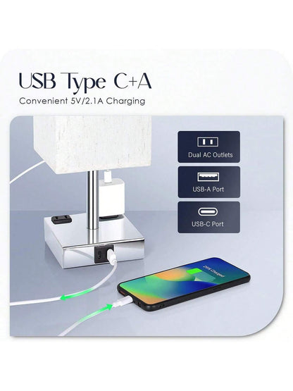 Sleek Touch Control Bedside Lamp with USB C+A Ports & AC Outlets - 3-Way Dimmable Nightstand Light for Bedroom & Living Room (LED Bulb Included, Chrome Finish)