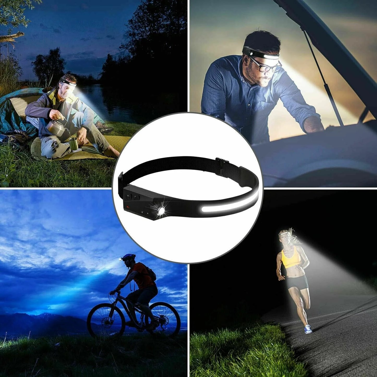 LED Headlamp USB Rechargeable Headlight Torch Work Light Bar Head Band Lamp
