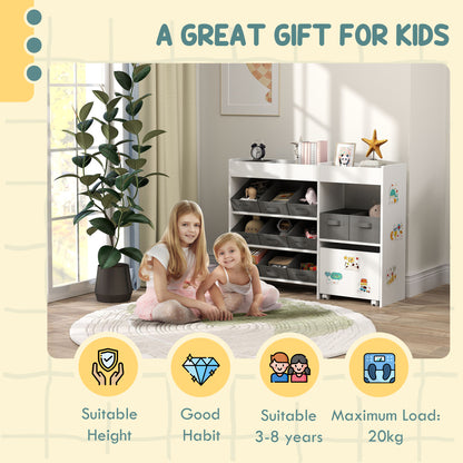 Kids Toy Storage Organizer with 11 Bins, Moveable Cabinet, Top Shelves, 3 Stickers, for Nursery, Playroom, White