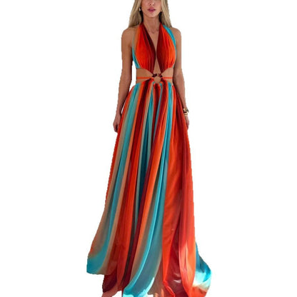 European And American Vacation Beach Split Expansion Skirt Dress Sleeveless Chest Print