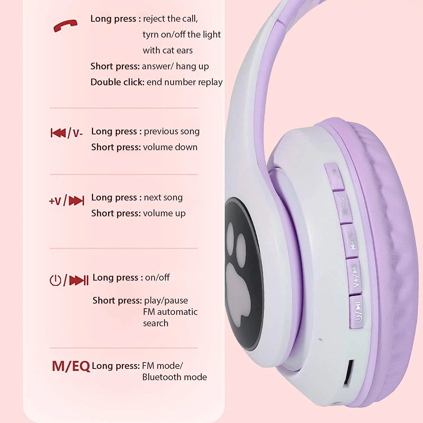 Cat Ear Wireless Bluetooth Headphones for Kids - LED Light Up, Over-Ear Design with Microphone