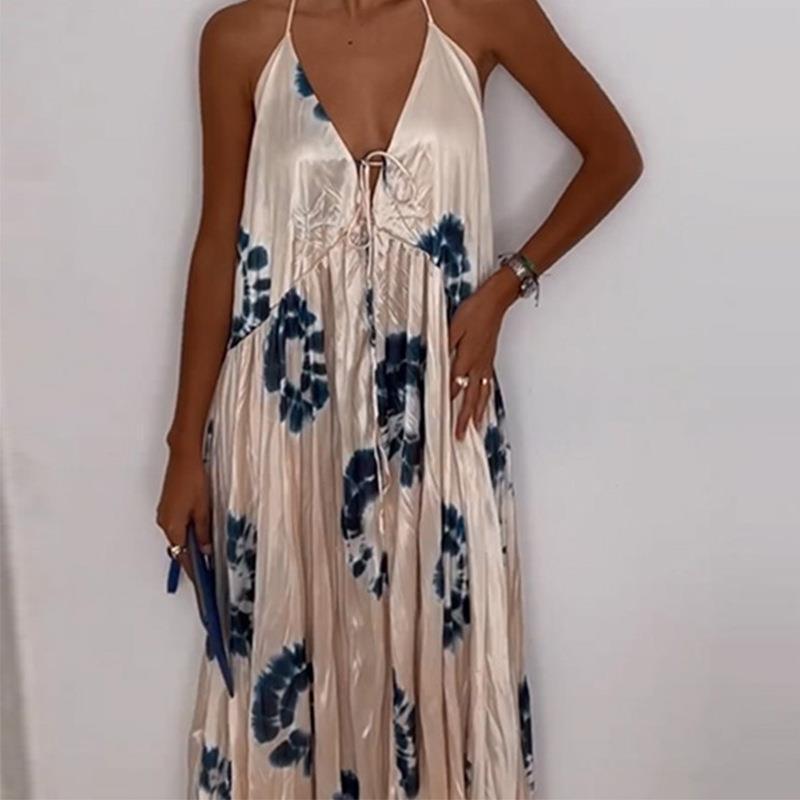 Summer New Women's Elegant Deep V Halter Lace-up Backless Long Dress