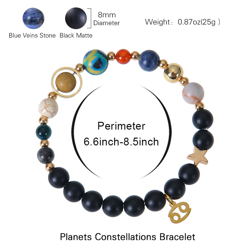 Carry the energy of the cosmos wherever you go. This Eight Planets Twelve Constellations Frosted Stone Beaded Bracelet blends.