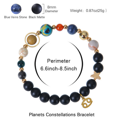 Carry the energy of the cosmos wherever you go. This Eight Planets Twelve Constellations Frosted Stone Beaded Bracelet blends.