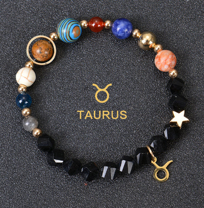 Carry the energy of the cosmos wherever you go. This Eight Planets Twelve Constellations Frosted Stone Beaded Bracelet blends.