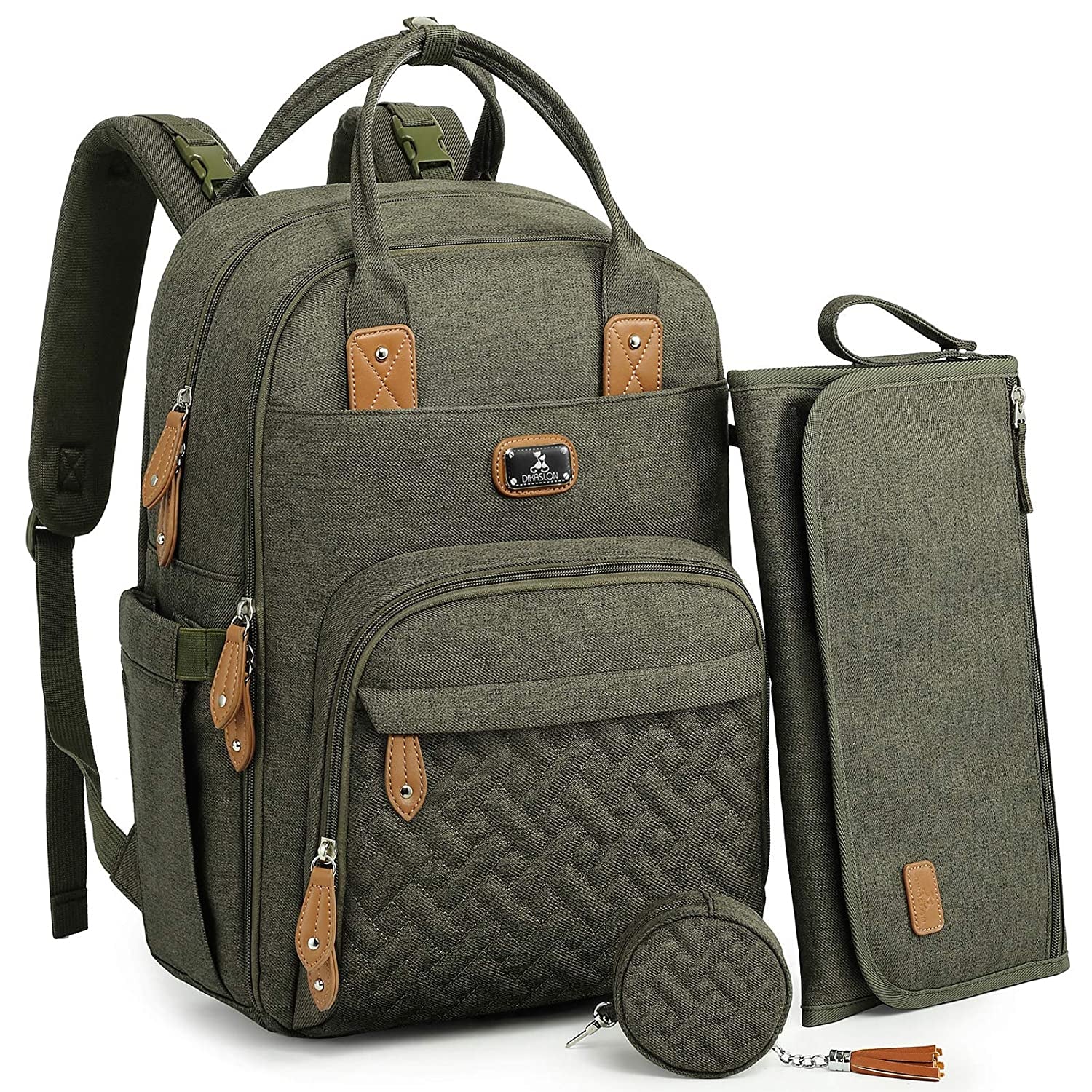 Stylish Army Green Diaper Bag Backpack with Portable Changing Pad, Pacifier Case & Stroller Straps - Perfect for Moms & Dads!