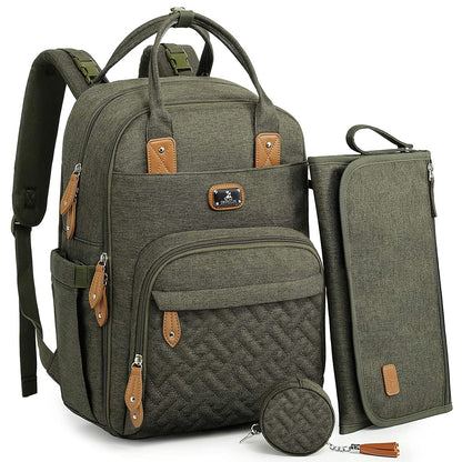 Stylish Army Green Diaper Bag Backpack with Portable Changing Pad, Pacifier Case & Stroller Straps - Perfect for Moms & Dads!