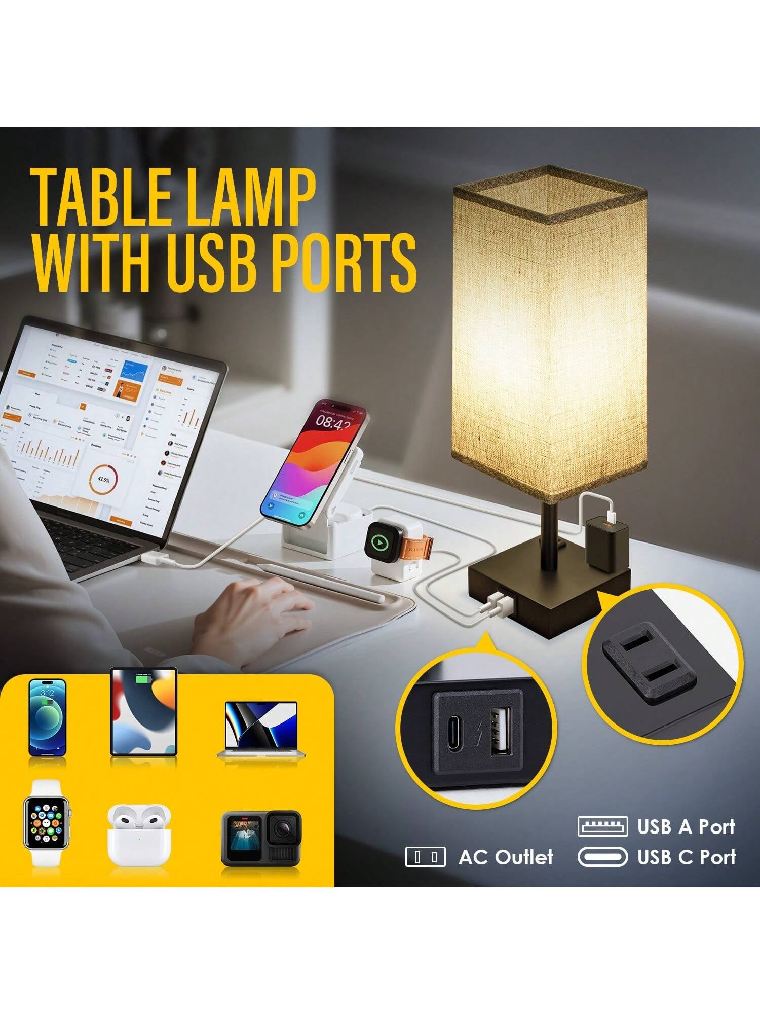 Stylish Touch Bedside Table Lamps Set of 2 - 3-Way Dimmable with USB & AC Ports, Perfect for Bedroom & Living Room (Bulb Included)