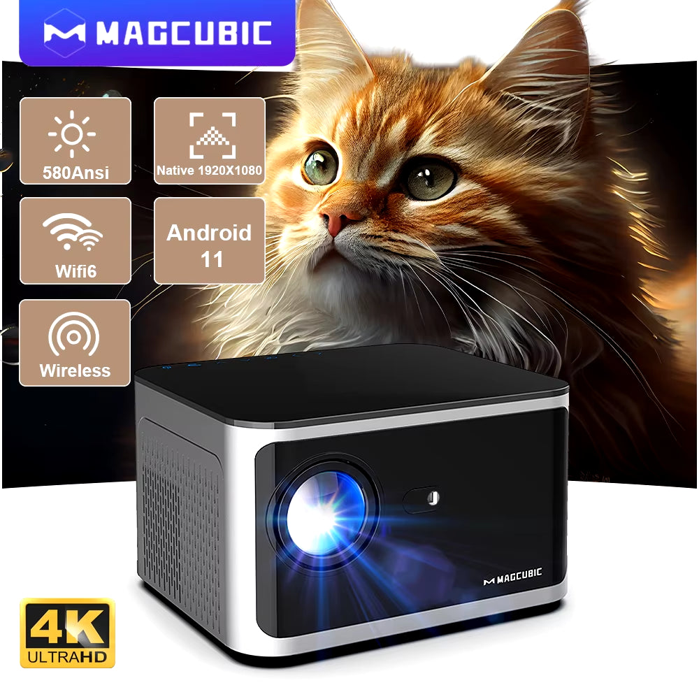 Elevate Your Home Cinema with the Android 11 4K Smart Projector - 580ANSI, 1920x1080P Full HD, Wifi6 & BT5.0, Voice Control