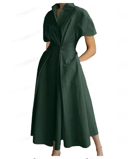 Commuting Fashion Polo Collar Shirt Elastic Waist Large Swing Dress