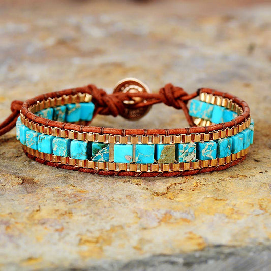 Fashion Imperial Stone Hand-Woven Leather Bracelet blends rich leather, striking imperial stone, and artisan weaving for a timeless boho statement.
