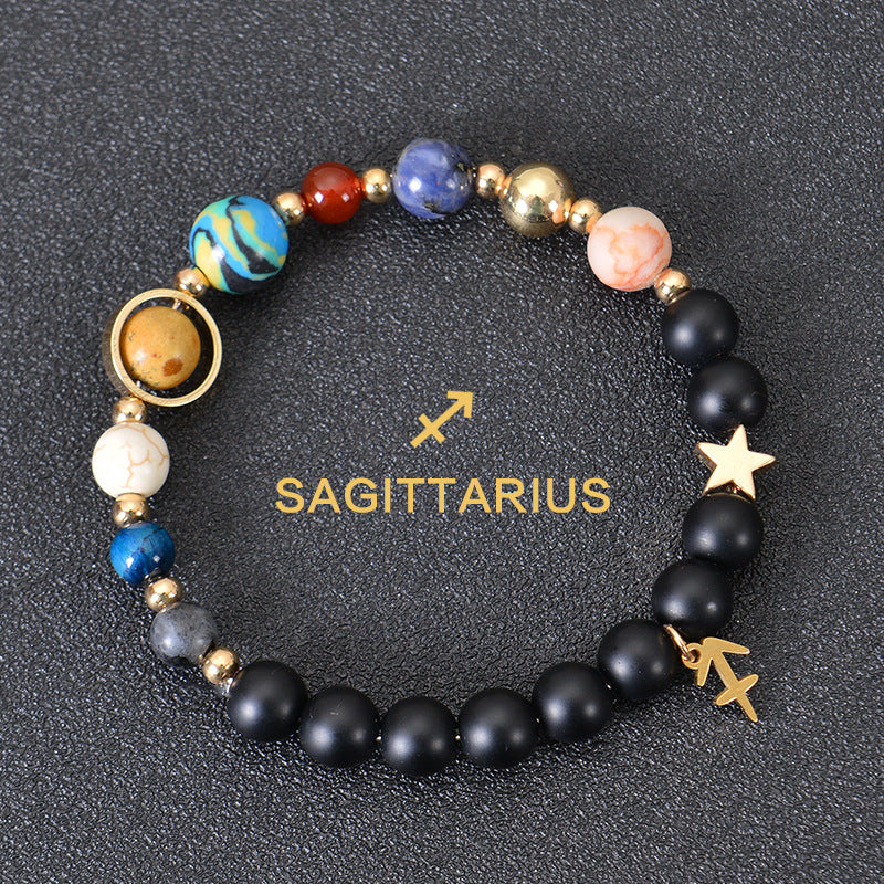 Carry the energy of the cosmos wherever you go. This Eight Planets Twelve Constellations Frosted Stone Beaded Bracelet blends.