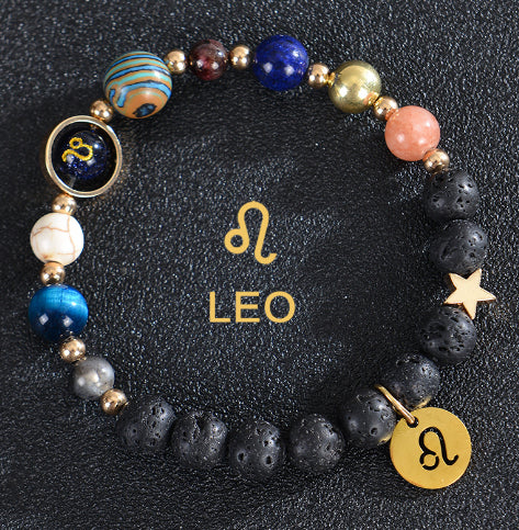 Carry the energy of the cosmos wherever you go. This Eight Planets Twelve Constellations Frosted Stone Beaded Bracelet blends.