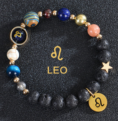 Carry the energy of the cosmos wherever you go. This Eight Planets Twelve Constellations Frosted Stone Beaded Bracelet blends.
