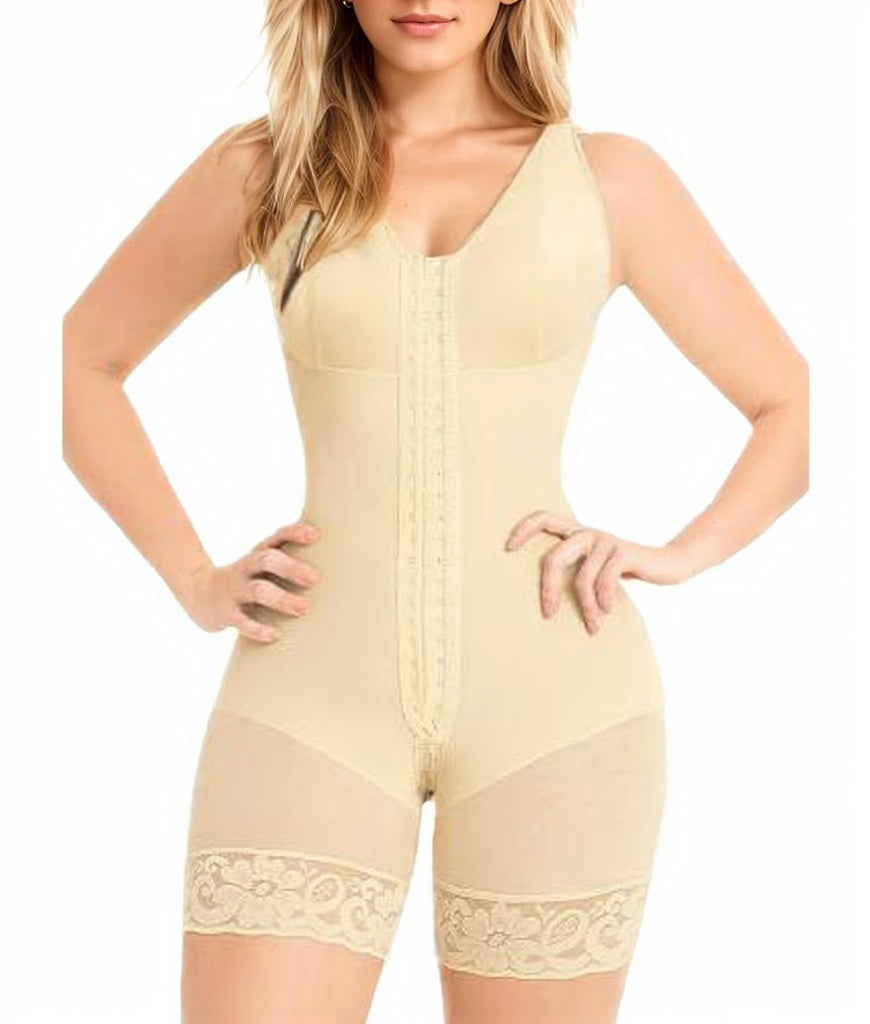 Full body shapewear bodysuit with tummy control, butt lifting, and zipper design.