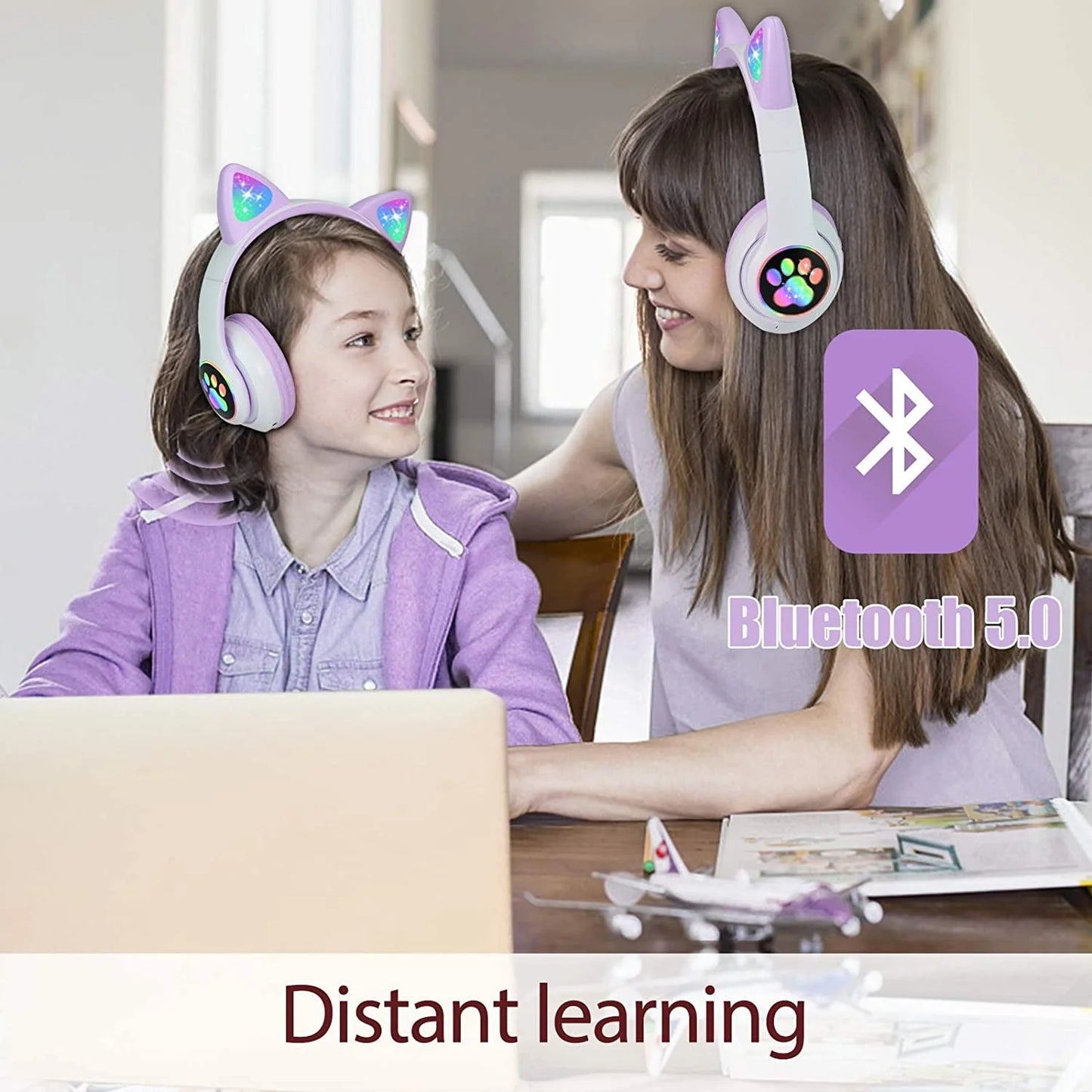 Cat Ear Wireless Bluetooth Headphones for Kids - LED Light Up, Over-Ear Design with Microphone