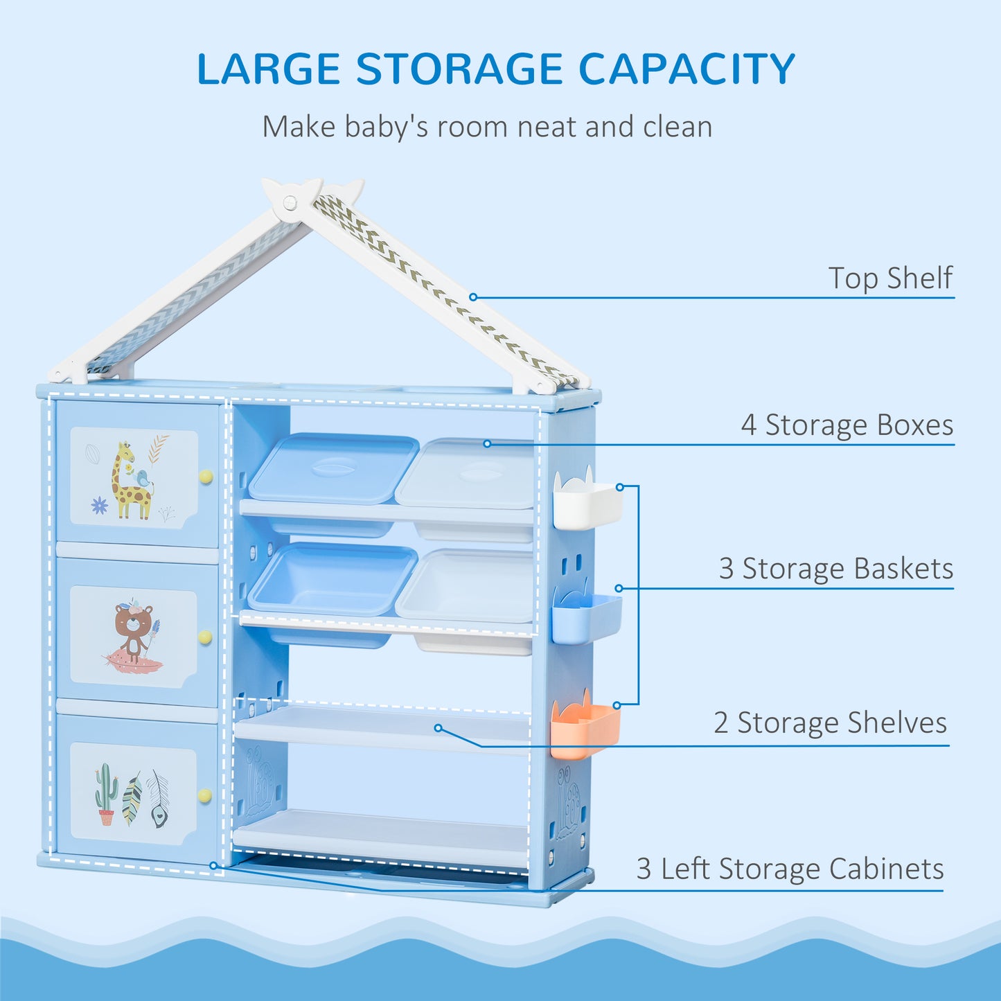 Toy storage unit with 4 removable bins—perfect for organizing kids’ rooms and playrooms.