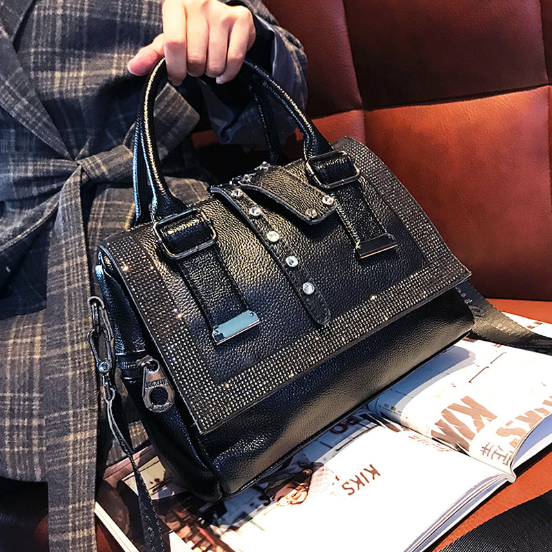 Soft Leather Handbag – Large-Capacity Cowhide Rhinestone Fashion Bag