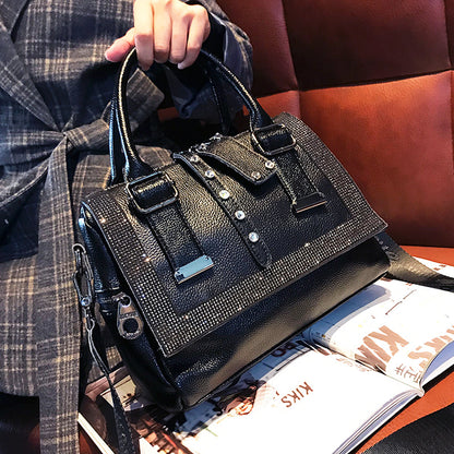 Soft Leather Handbag – Large-Capacity Cowhide Rhinestone Fashion Bag