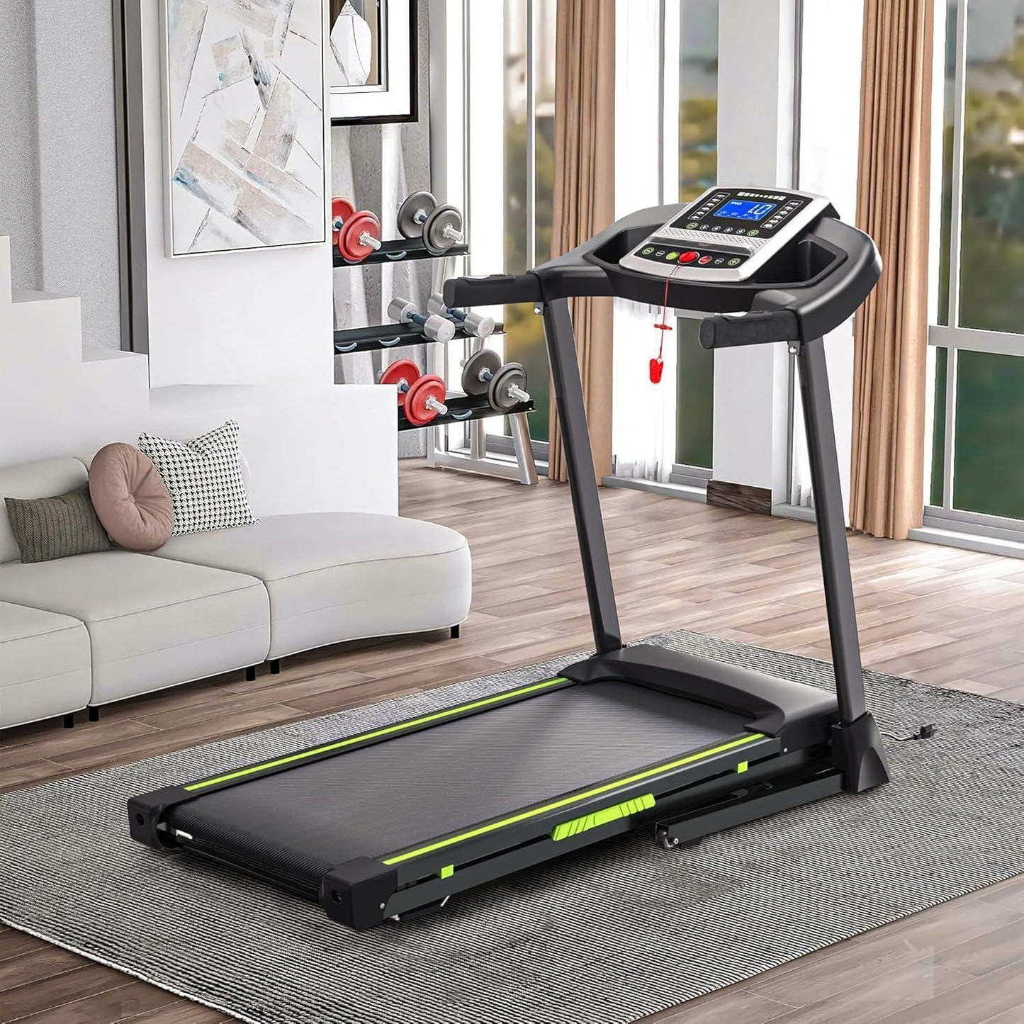 This portable folding treadmill features a silent motor, dual shock absorption, and a 330 lb weight capacity—perfect for home workouts without noise