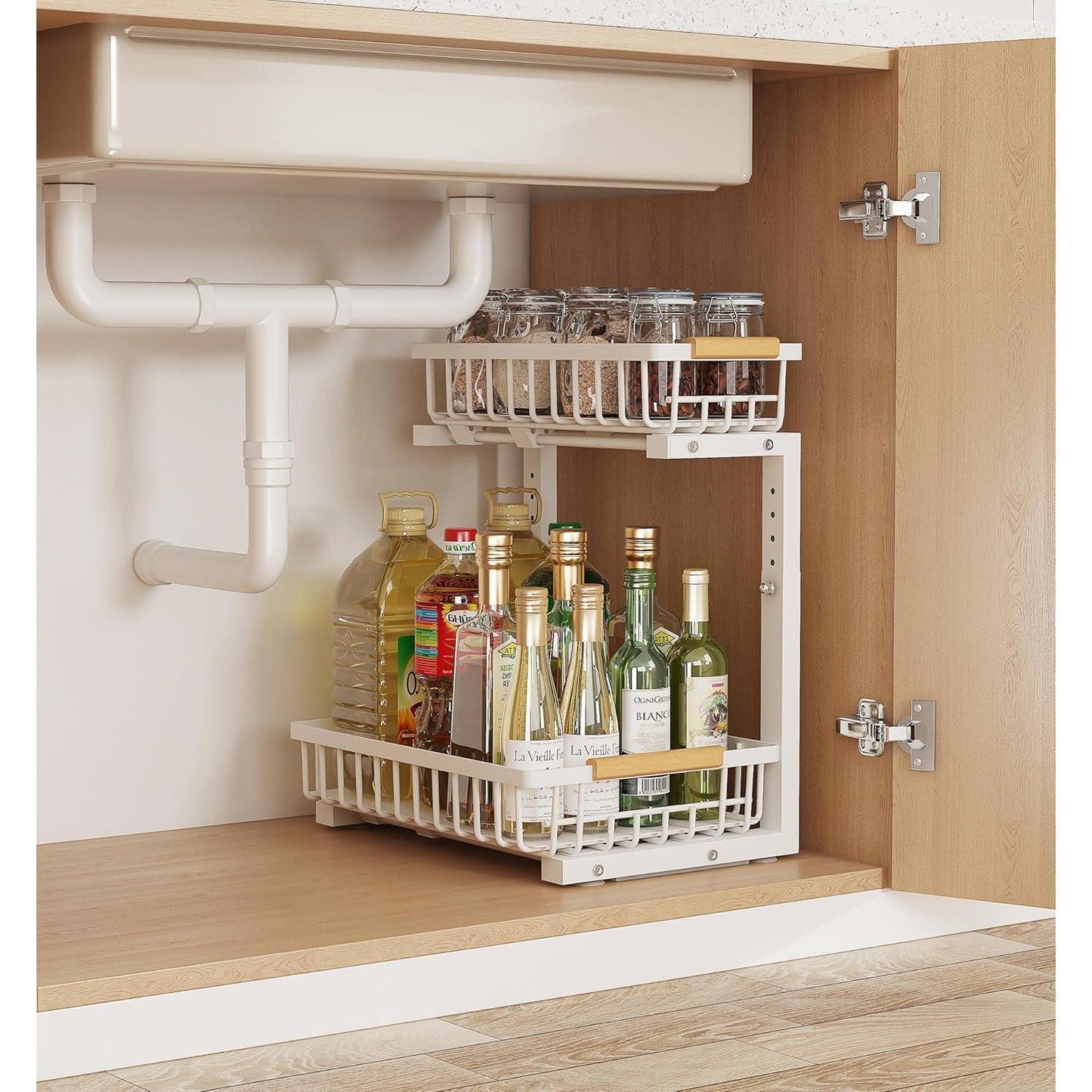 Metal Adjustable Height Two-Tier Drawer Kitchen & Bathroom Under Cabinet Storage Racks