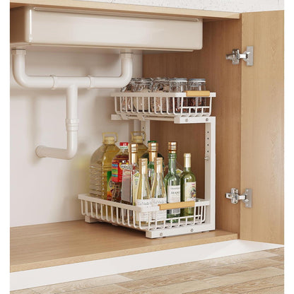 Metal Adjustable Height Two-Tier Drawer Kitchen & Bathroom Under Cabinet Storage Racks