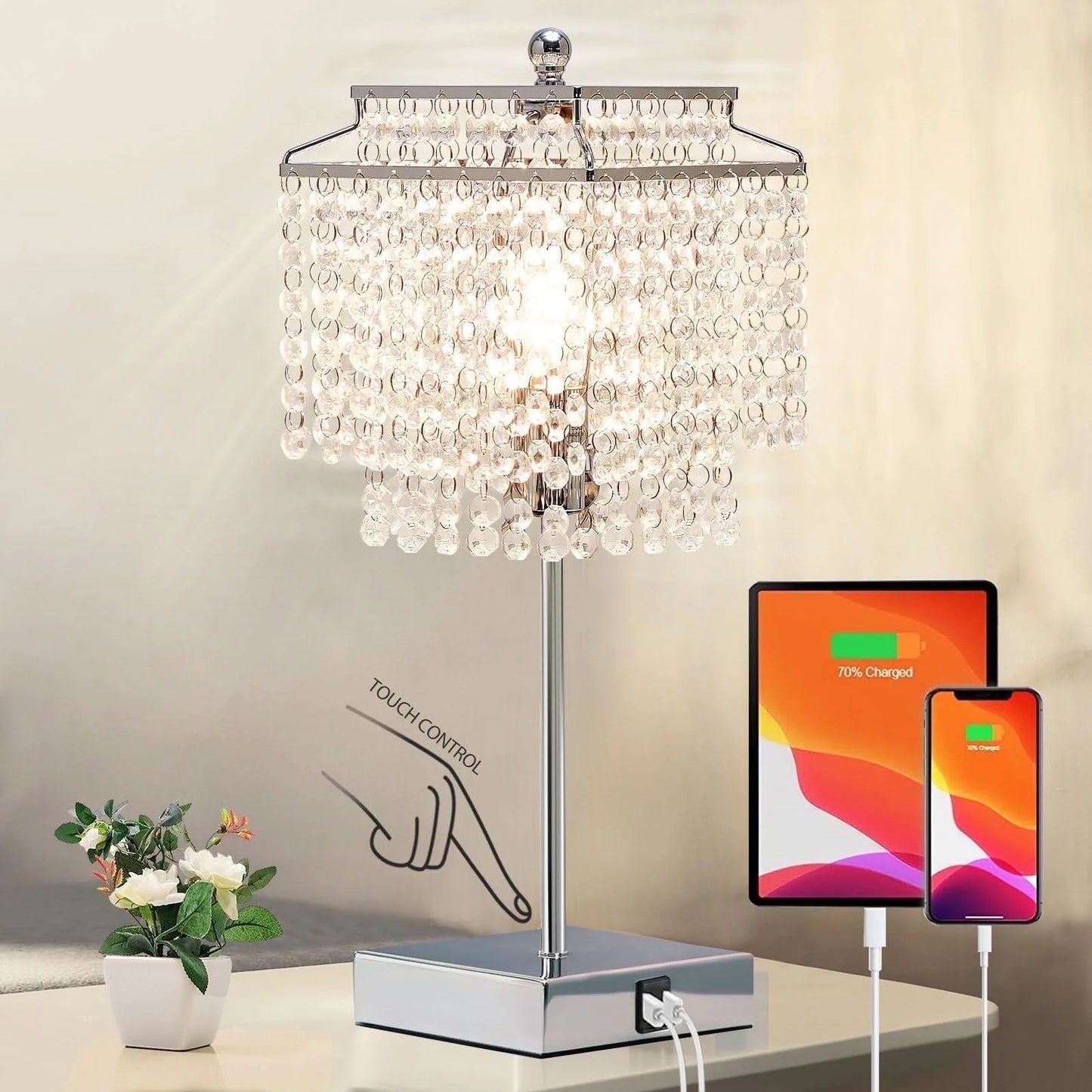 Sleek Silver Modern Touch Table Lamp with Dual USB Charging Ports - 3-Way Dimmable Crystal Shade Nightstand Lamp for Girls Bedroom & Living Room