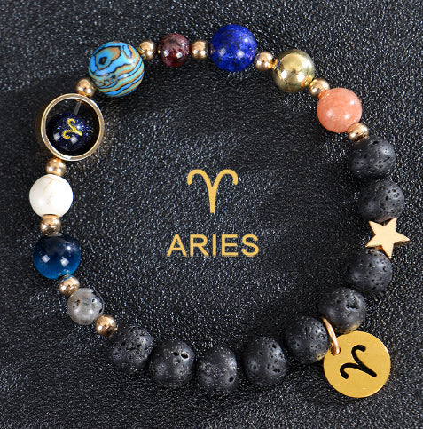 Carry the energy of the cosmos wherever you go. This Eight Planets Twelve Constellations Frosted Stone Beaded Bracelet blends.