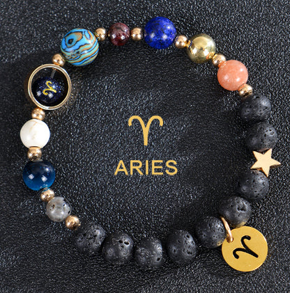Carry the energy of the cosmos wherever you go. This Eight Planets Twelve Constellations Frosted Stone Beaded Bracelet blends.