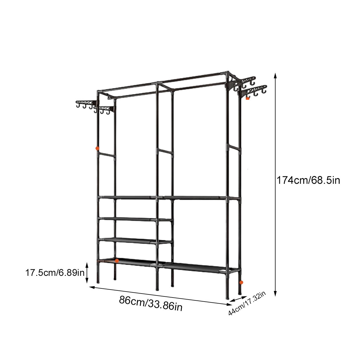 Heavy duty clothes rack with double rods, 4-tier shelves, and rotatable design. Perfect for organizing, storing, and displaying clothes in style.