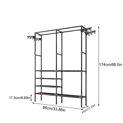 Heavy duty clothes rack with double rods, 4-tier shelves, and rotatable design. Perfect for organizing, storing, and displaying clothes in style.