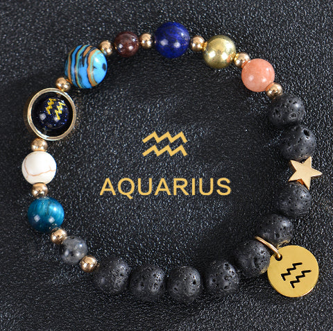 Carry the energy of the cosmos wherever you go. This Eight Planets Twelve Constellations Frosted Stone Beaded Bracelet blends.