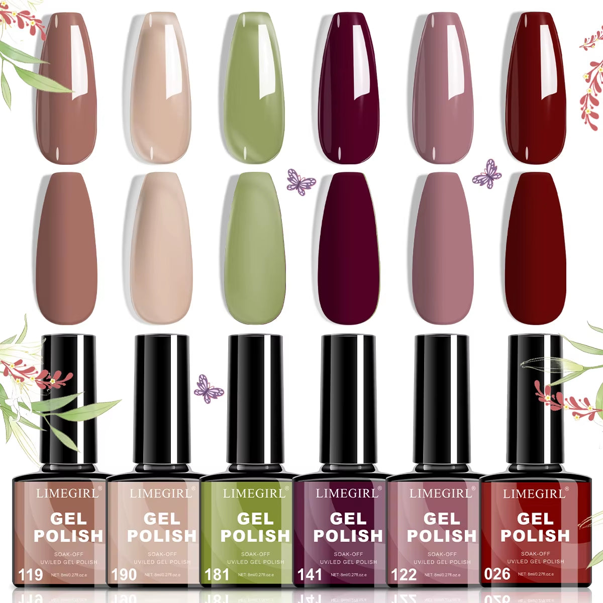 LIMEGIRL Nail Gel Polish Set, Manicure High Gloss Semi Permanent Soak-Off Enamels Kit, Colorful Nail Gel for Nail Art Salon