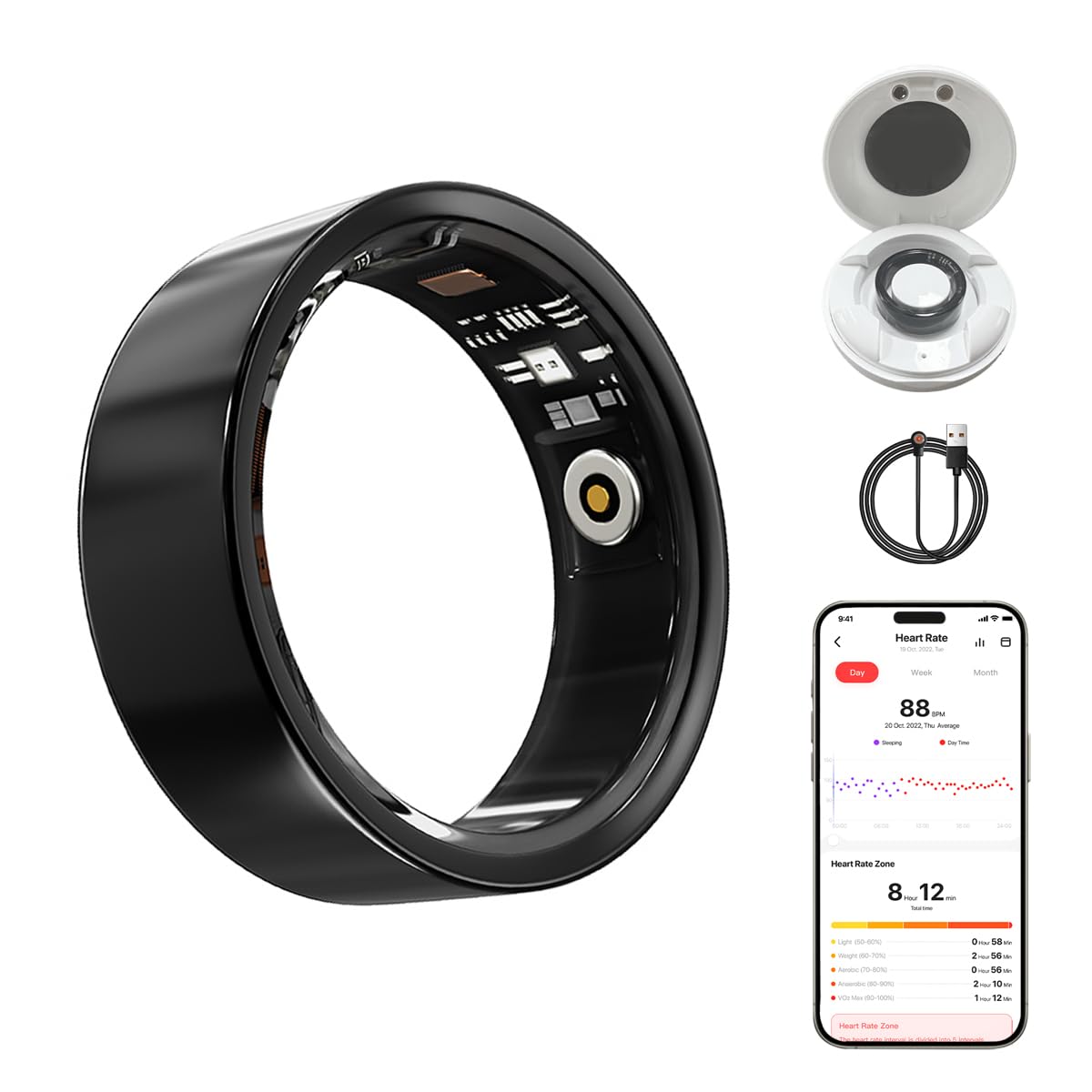 Health Smart Ring Fitness Tracker – Heart Rate, Blood Oxygen, HRV, Sleep & Step Tracking – IP68 Waterproof – No Subscription – Works with iPhone & Android