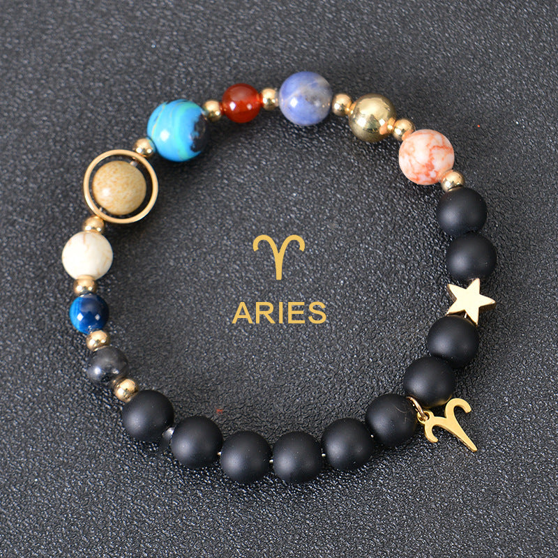 Carry the energy of the cosmos wherever you go. This Eight Planets Twelve Constellations Frosted Stone Beaded Bracelet blends.