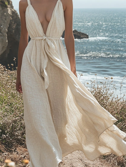 Cotton And Linen Suspender Strap Maxi Dress