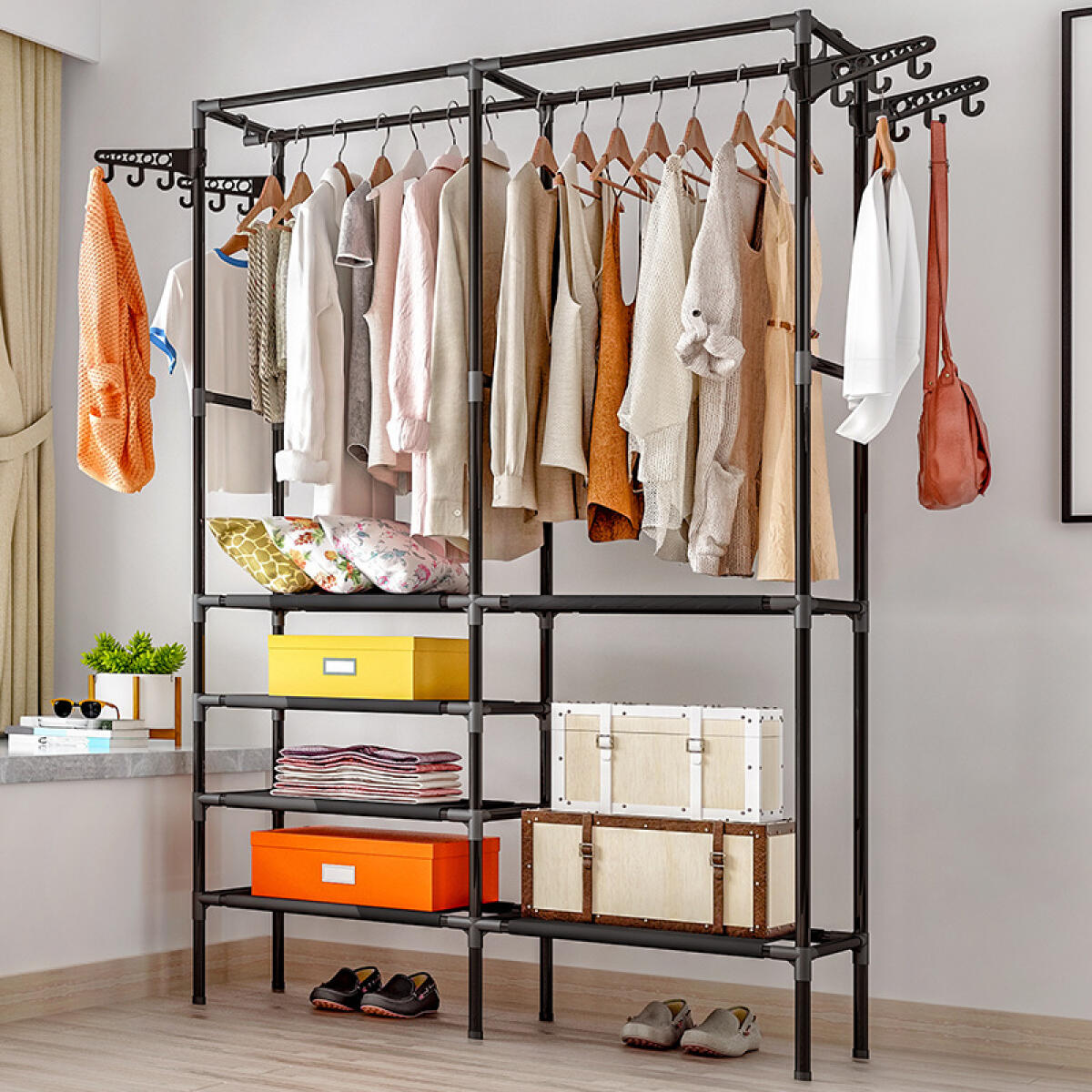 Heavy duty clothes rack with double rods, 4-tier shelves, and rotatable design. Perfect for organizing, storing, and displaying clothes in style.