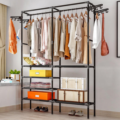 Heavy duty clothes rack with double rods, 4-tier shelves, and rotatable design. Perfect for organizing, storing, and displaying clothes in style.