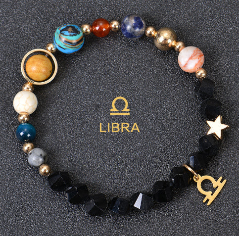 Carry the energy of the cosmos wherever you go. This Eight Planets Twelve Constellations Frosted Stone Beaded Bracelet blends.
