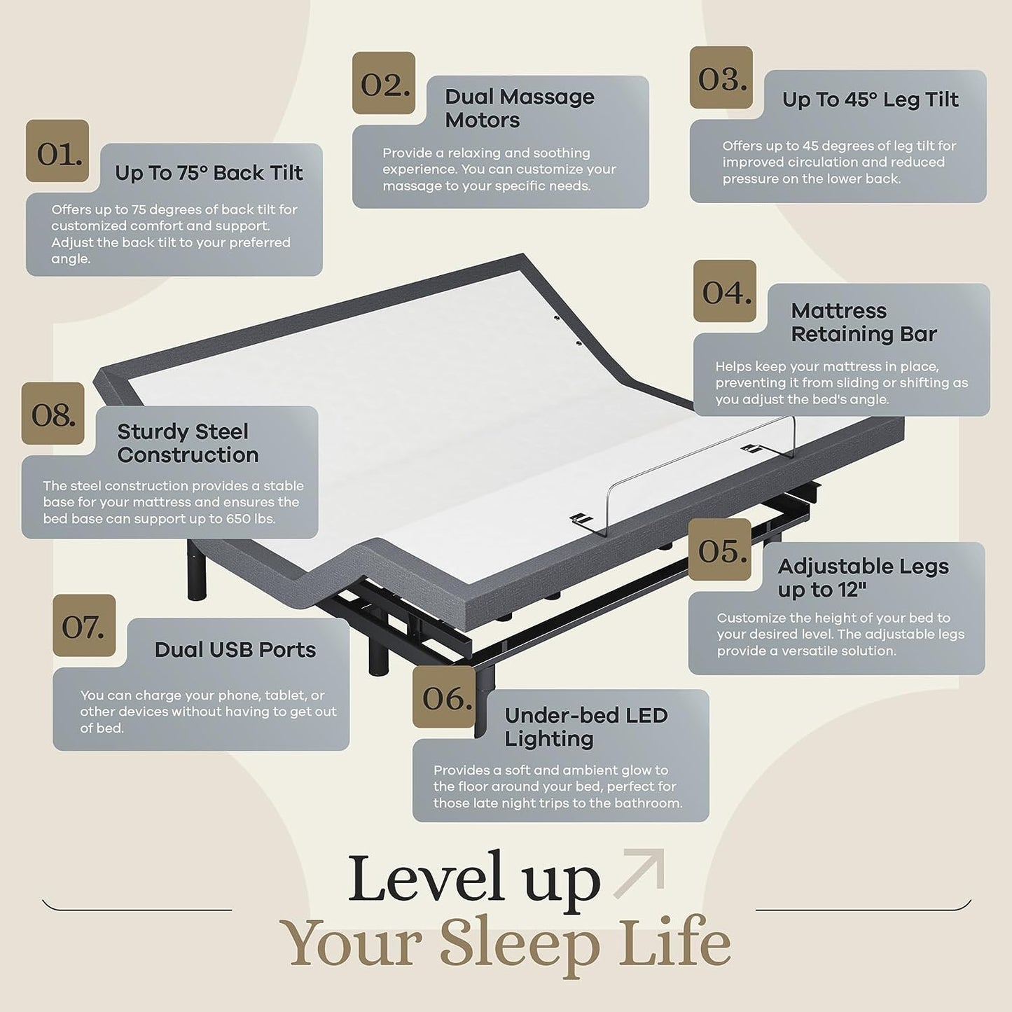 Luxury King Adjustable Bed Base with Massage, Under-Bed Lights, USB, and 14-Inch Medium Soft Hybrid Mattress - Experience Zero Gravity Comfort!