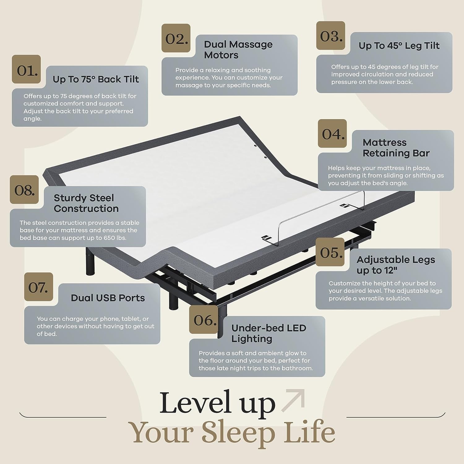 Luxury King Adjustable Bed Base with Massage, Under-Bed Lights, USB, and 14-Inch Medium Soft Hybrid Mattress - Experience Zero Gravity Comfort!
