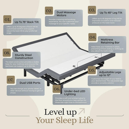 Luxury King Adjustable Bed Base with Massage, Under-Bed Lights, USB, and 14-Inch Medium Soft Hybrid Mattress - Experience Zero Gravity Comfort!