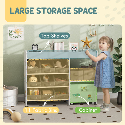 Kids Toy Storage Organizer with 11 Bins, Moveable Cabinet, Top Shelves, 3 Stickers, for Nursery, Playroom, White