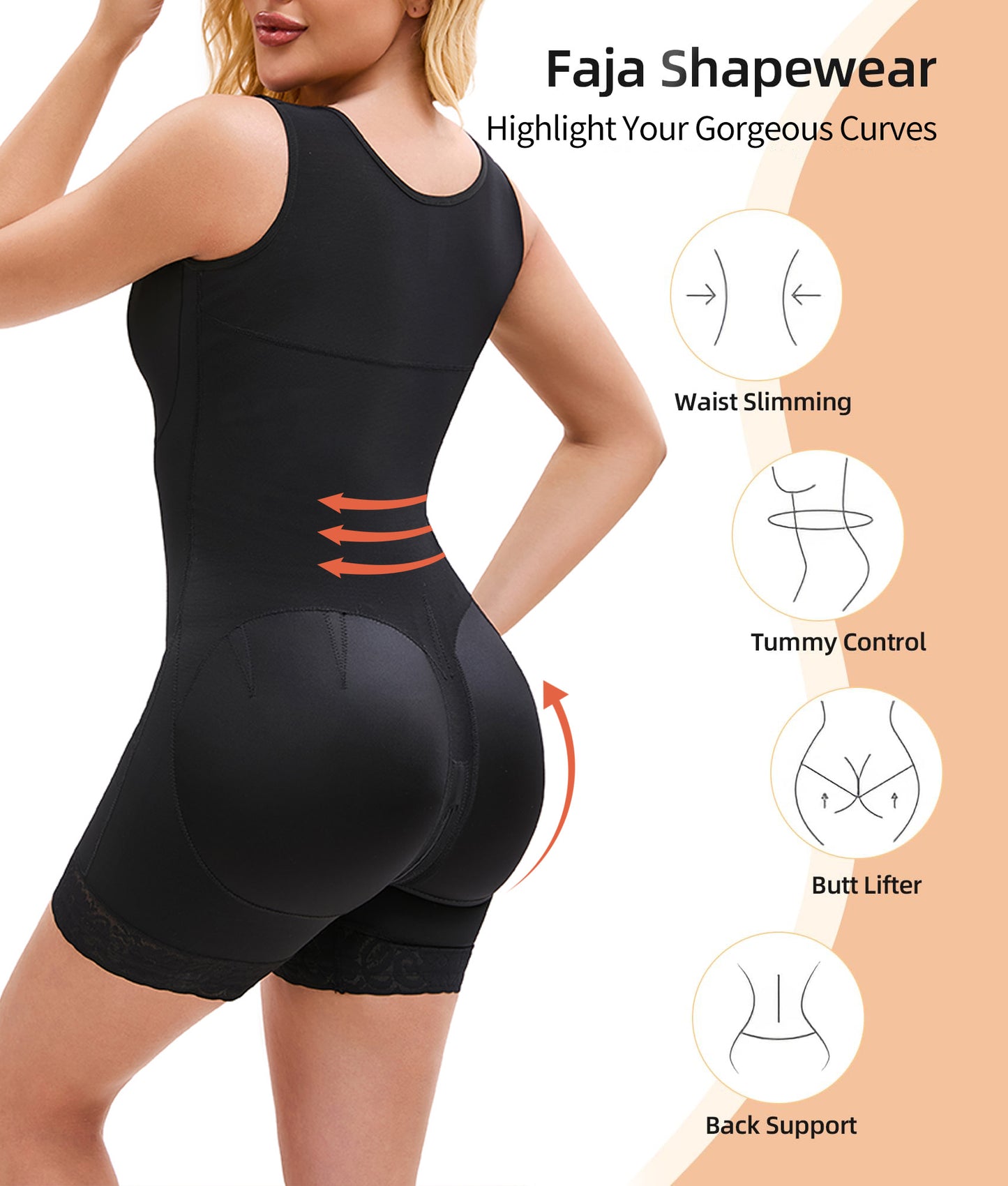 Full body shapewear bodysuit with tummy control, butt lifting, and zipper design.